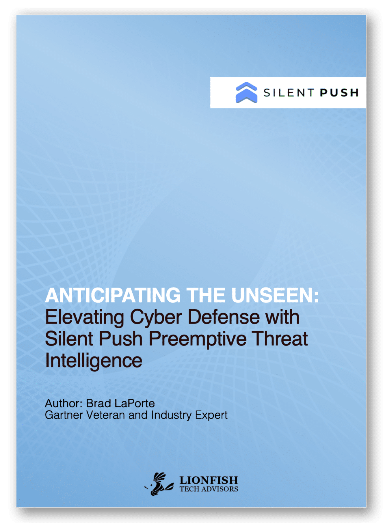 White paper cover, a light blue page containing Silent Push logo and paper title "Anticipating the Unseen: Elevating Cyber Defense with Silent Push Preemptive Threat Intelligence"