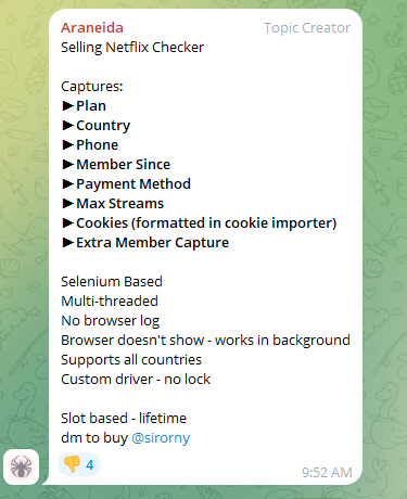 Telegram example of Araneida Scanner Netflix scraper promo
