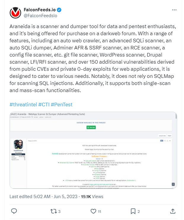 Screenshot of FalconFeeds first to share details of Araneida Scanner