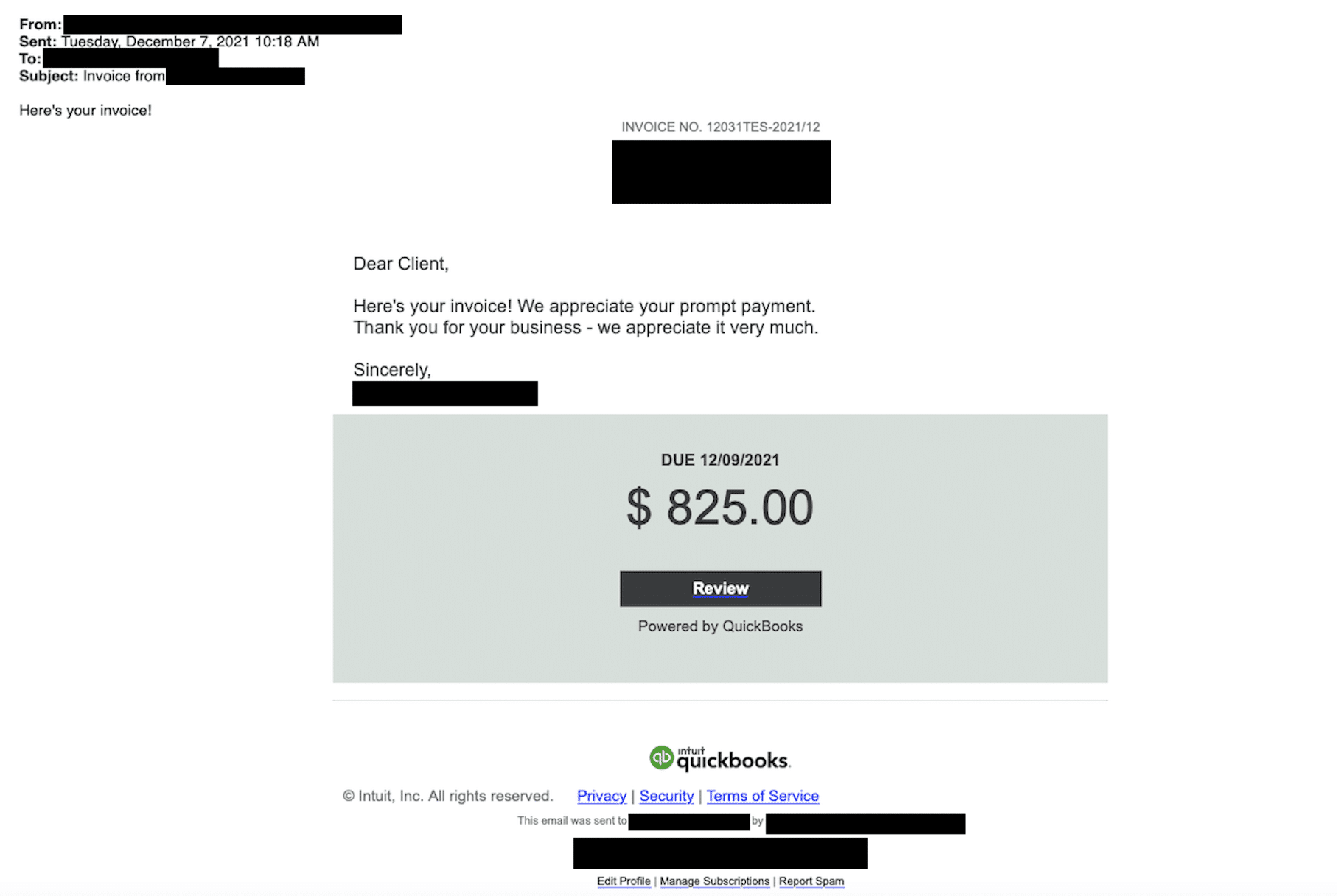 Brand Impersonation email spoofing Quickbooks