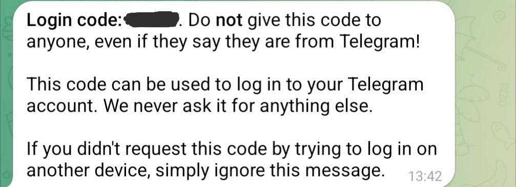 Telegram phishing message showing fake login code for user. 