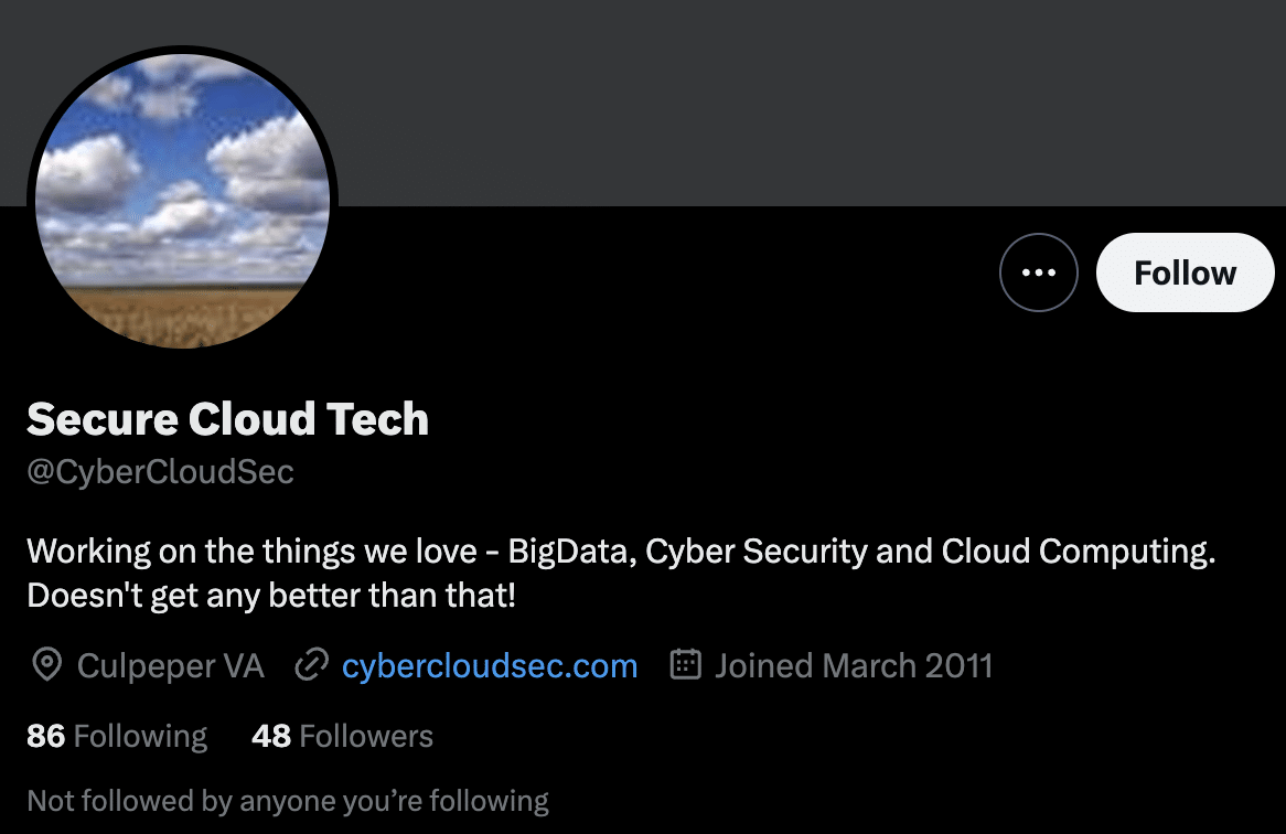 Original Twitter profile for cybercloudsec[.]com