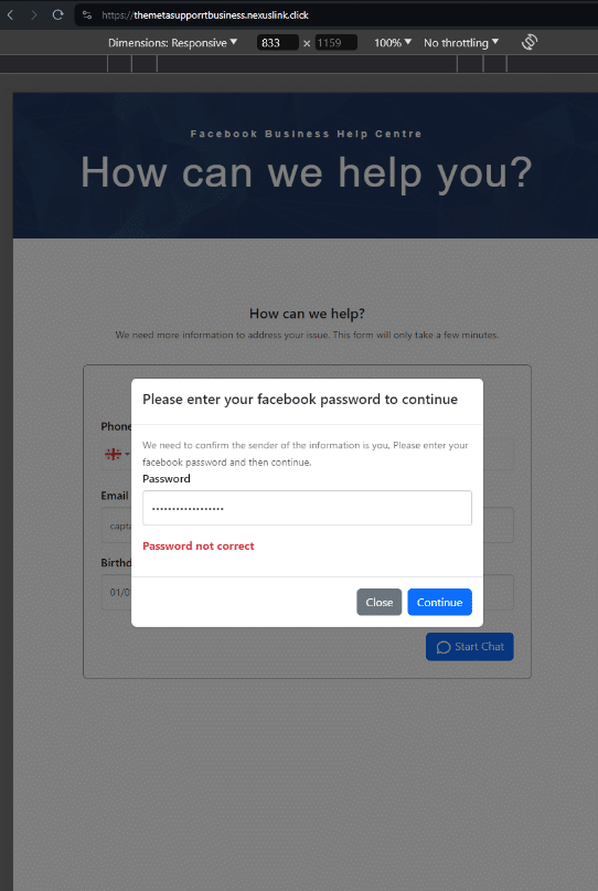 FIN7 Meta phishing page - screen 2