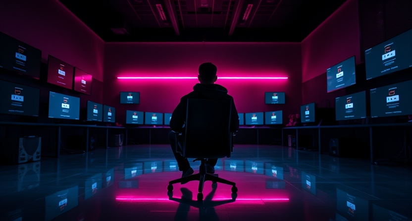 A person sits in a chair in the middle of a dark room full of computers. A pink glow emits from the wall, reflecting on the shiny floor.